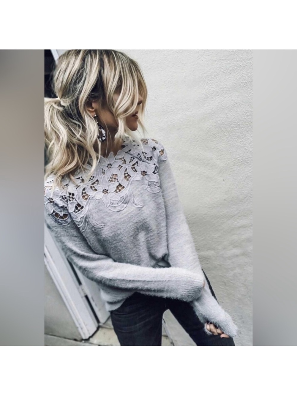 Lace-Yoke Crewneck Sweater - Light Sage